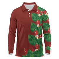 Hawaiian Taro Leaves-Hibiscus and Plumeria Long Sleeve Polo Shirt Polynesian Art-Kakau Tattoo Red