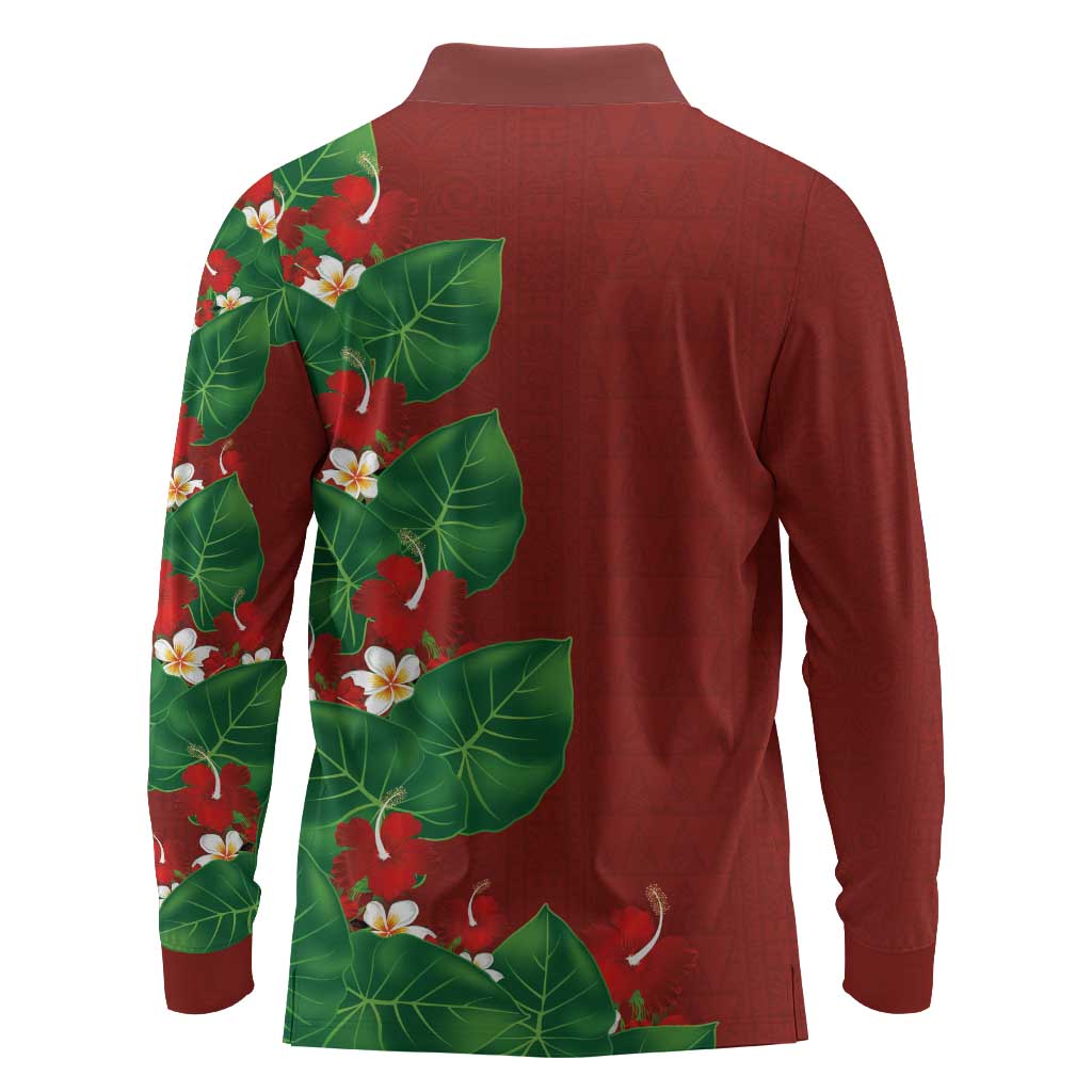 Hawaiian Taro Leaves-Hibiscus and Plumeria Long Sleeve Polo Shirt Polynesian Art-Kakau Tattoo Red