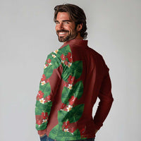 Hawaiian Taro Leaves-Hibiscus and Plumeria Long Sleeve Polo Shirt Polynesian Art-Kakau Tattoo Red