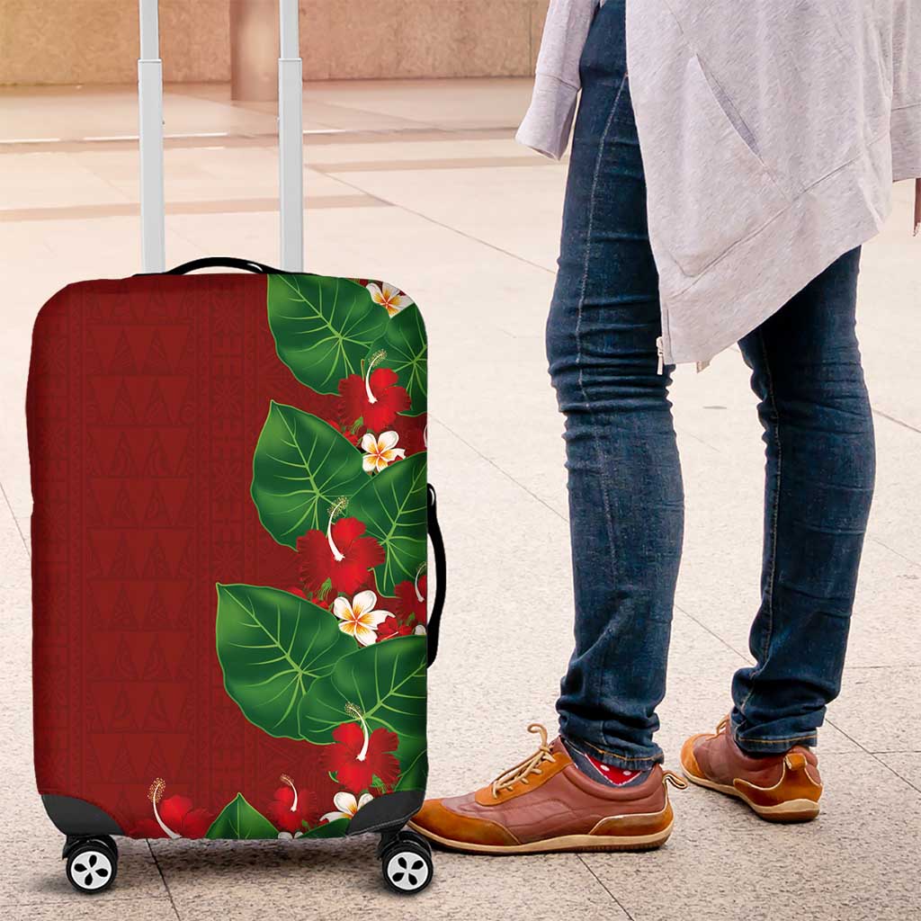 Hawaiian Taro Leaves-Hibiscus and Plumeria Luggage Cover Polynesian Art-Kakau Tattoo Red