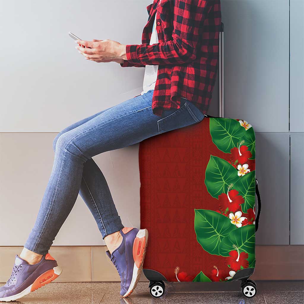 Hawaiian Taro Leaves-Hibiscus and Plumeria Luggage Cover Polynesian Art-Kakau Tattoo Red