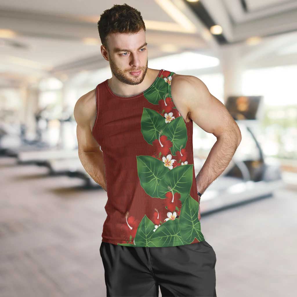 Hawaiian Taro Leaves-Hibiscus and Plumeria Men Tank Top Polynesian Art-Kakau Tattoo Red LT03 Red - Polynesian Pride