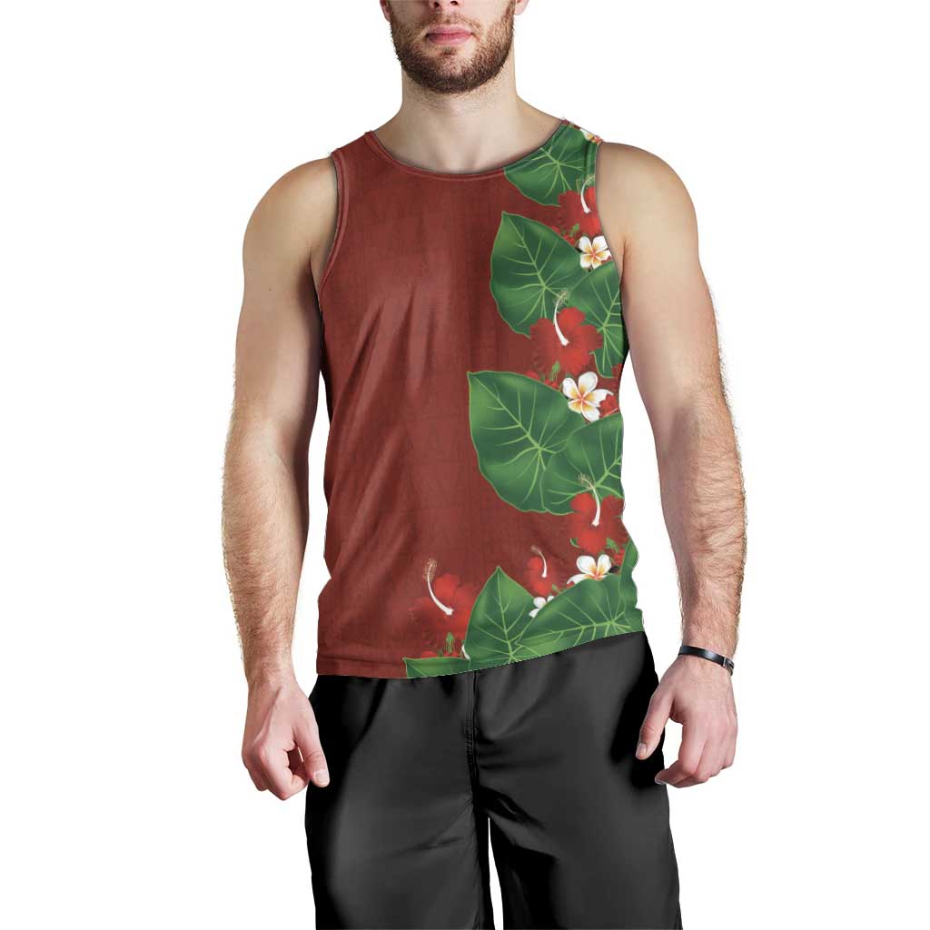 Hawaiian Taro Leaves-Hibiscus and Plumeria Men Tank Top Polynesian Art-Kakau Tattoo Red LT03 - Polynesian Pride