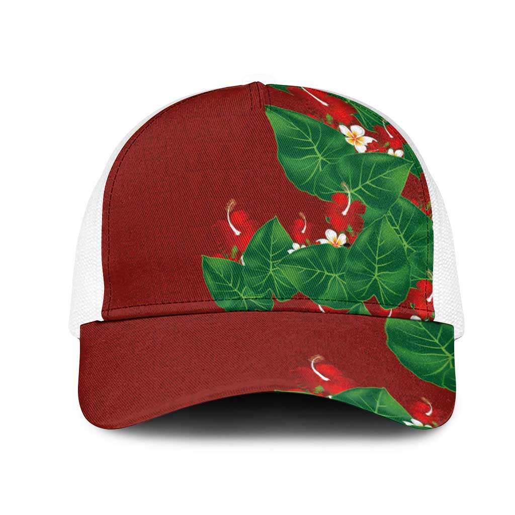 Hawaiian Taro Leaves-Hibiscus and Plumeria Mesh Trucker Cap Polynesian Art-Kakau Tattoo Red LT03 One Size White Red - Polynesian Pride