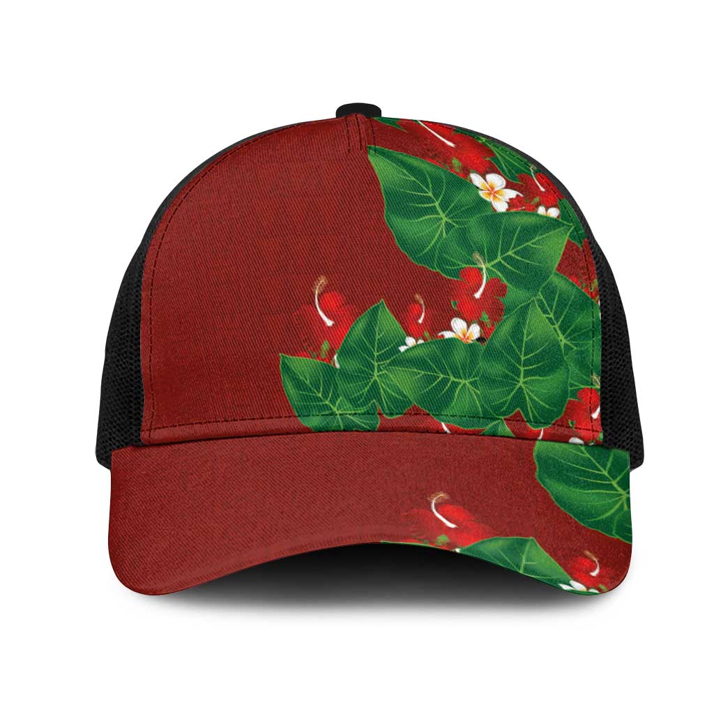 Hawaiian Taro Leaves-Hibiscus and Plumeria Mesh Trucker Cap Polynesian Art-Kakau Tattoo Red LT03 One Size Black Red - Polynesian Pride