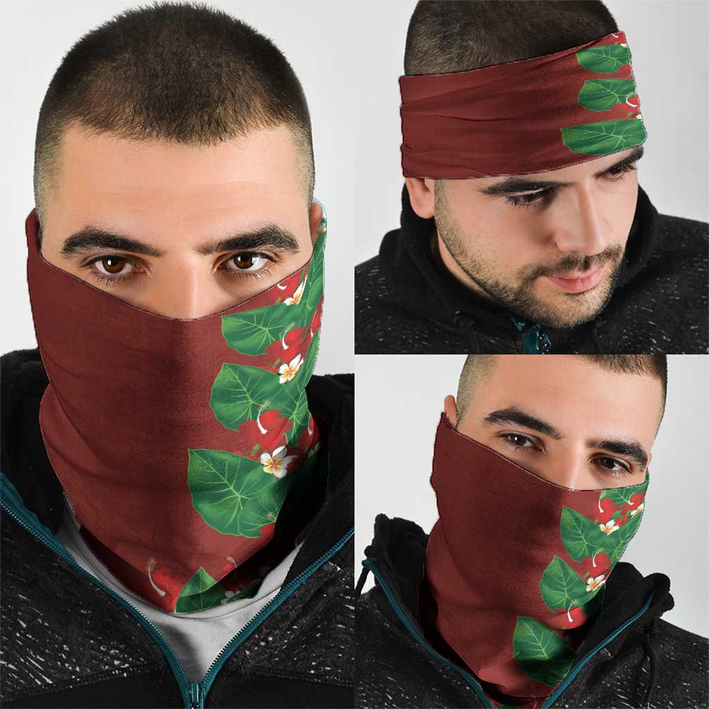 Hawaiian Taro Leaves-Hibiscus and Plumeria Neck Gaiter Polynesian Art-Kakau Tattoo Red LT03 - Polynesian Pride