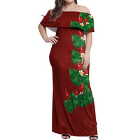 Hawaiian Taro Leaves-Hibiscus and Plumeria Off Shoulder Maxi Dress Polynesian Art-Kakau Tattoo Red