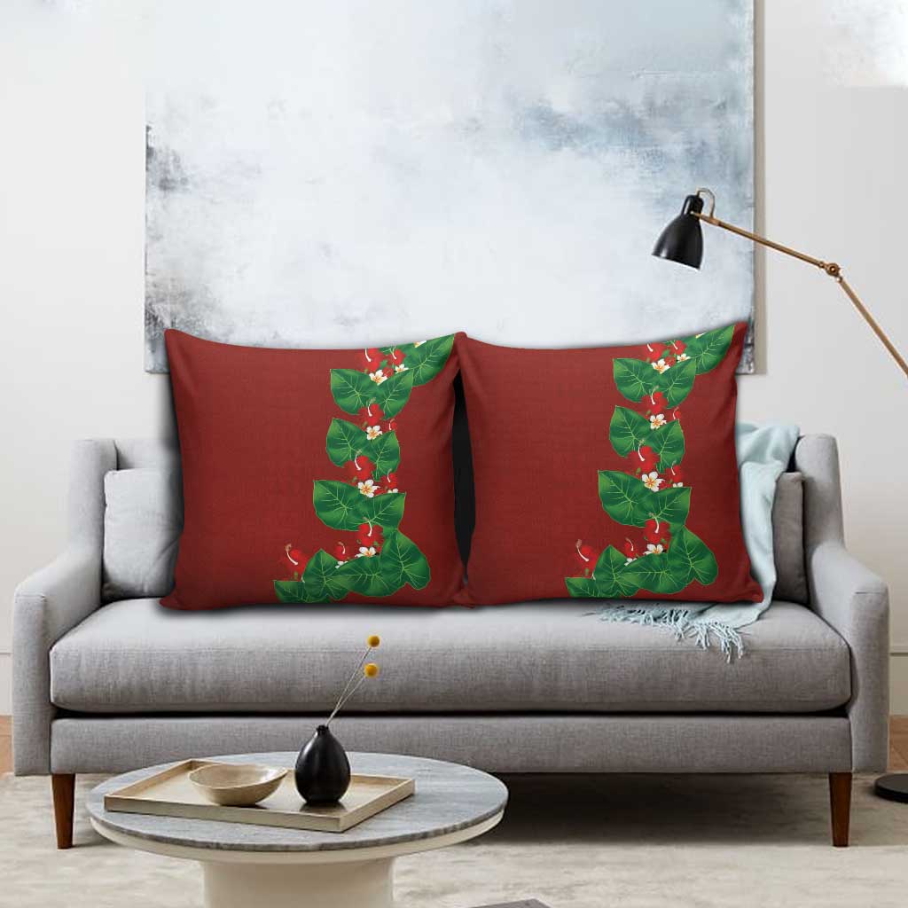 Hawaiian Taro Leaves-Hibiscus and Plumeria Pillow Cover Polynesian Art-Kakau Tattoo Red LT03 - Polynesian Pride