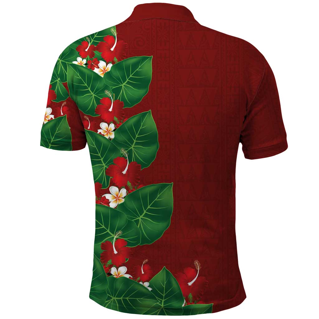 Hawaiian Taro Leaves-Hibiscus and Plumeria Polo Shirt Polynesian Art-Kakau Tattoo Red