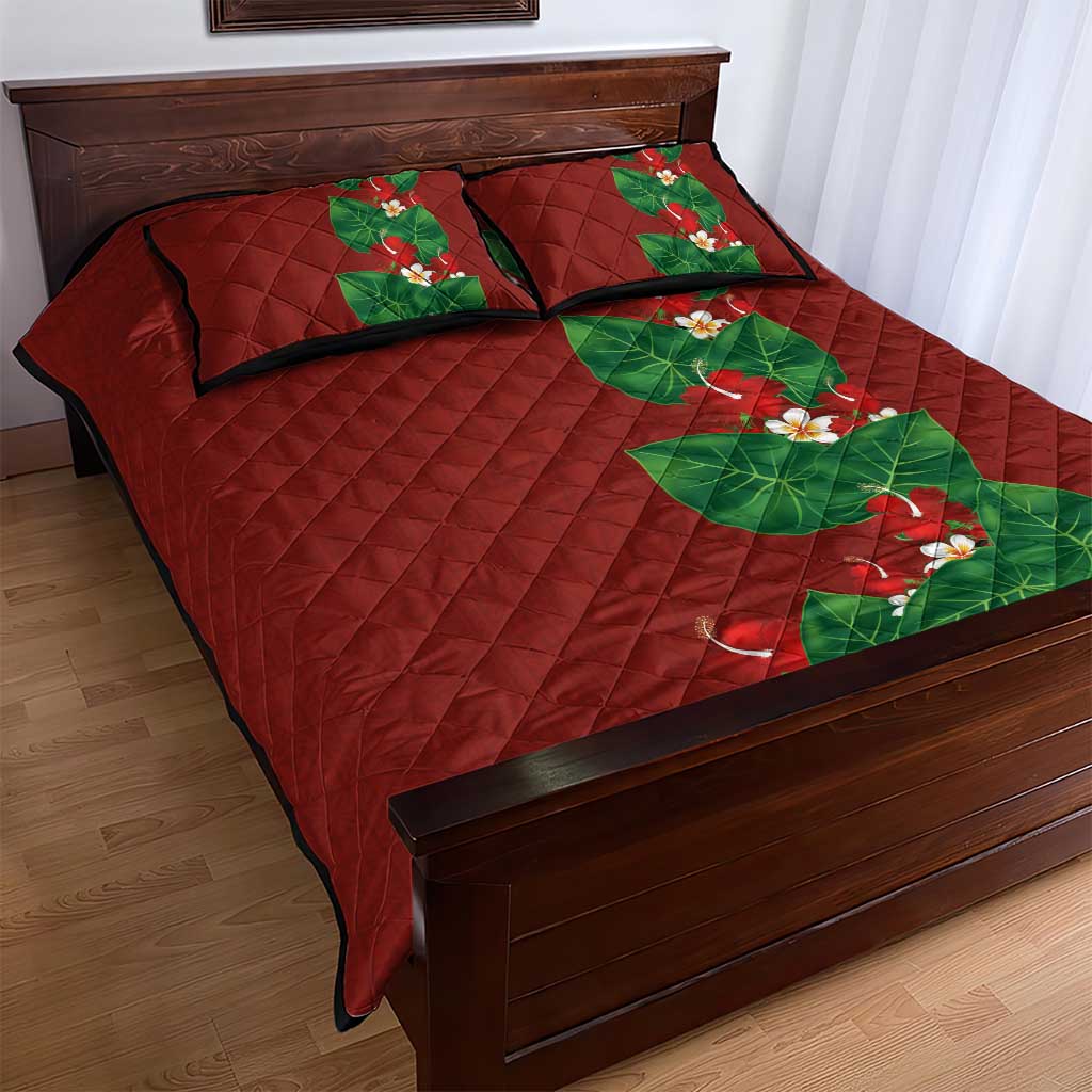 Hawaiian Taro Leaves-Hibiscus and Plumeria Quilt Bed Set Polynesian Art-Kakau Tattoo Red LT03 - Polynesian Pride