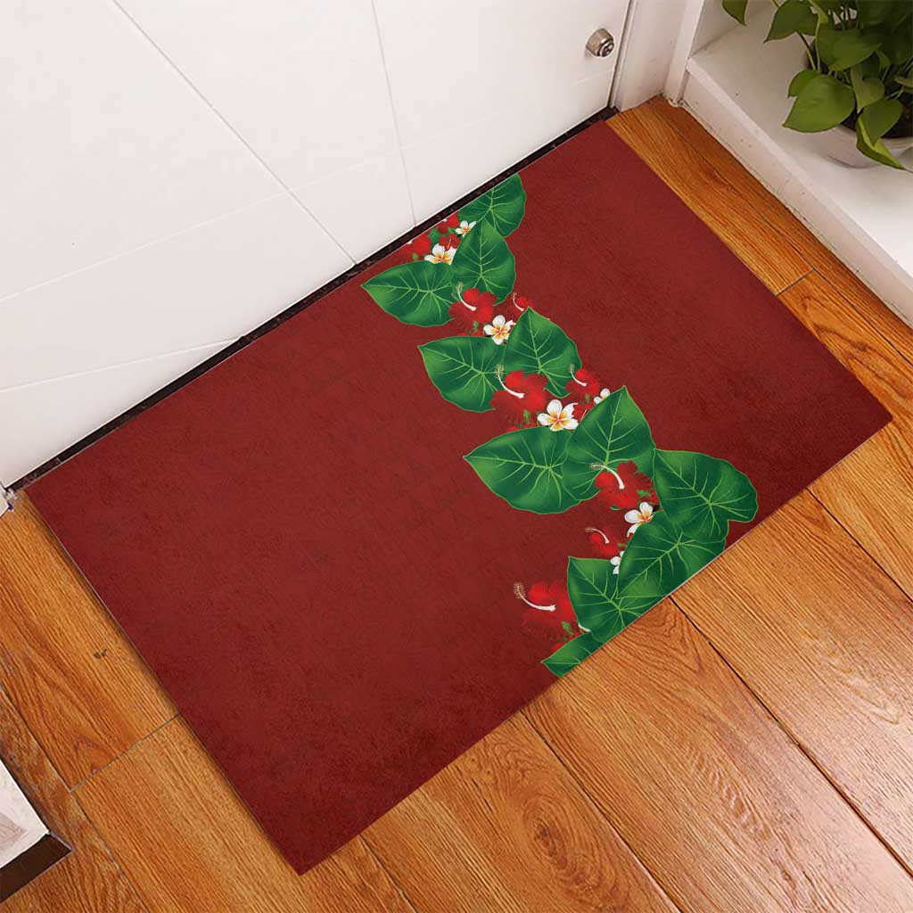 Hawaiian Taro Leaves-Hibiscus and Plumeria Rubber Doormat Polynesian Art-Kakau Tattoo Red LT03 - Polynesian Pride