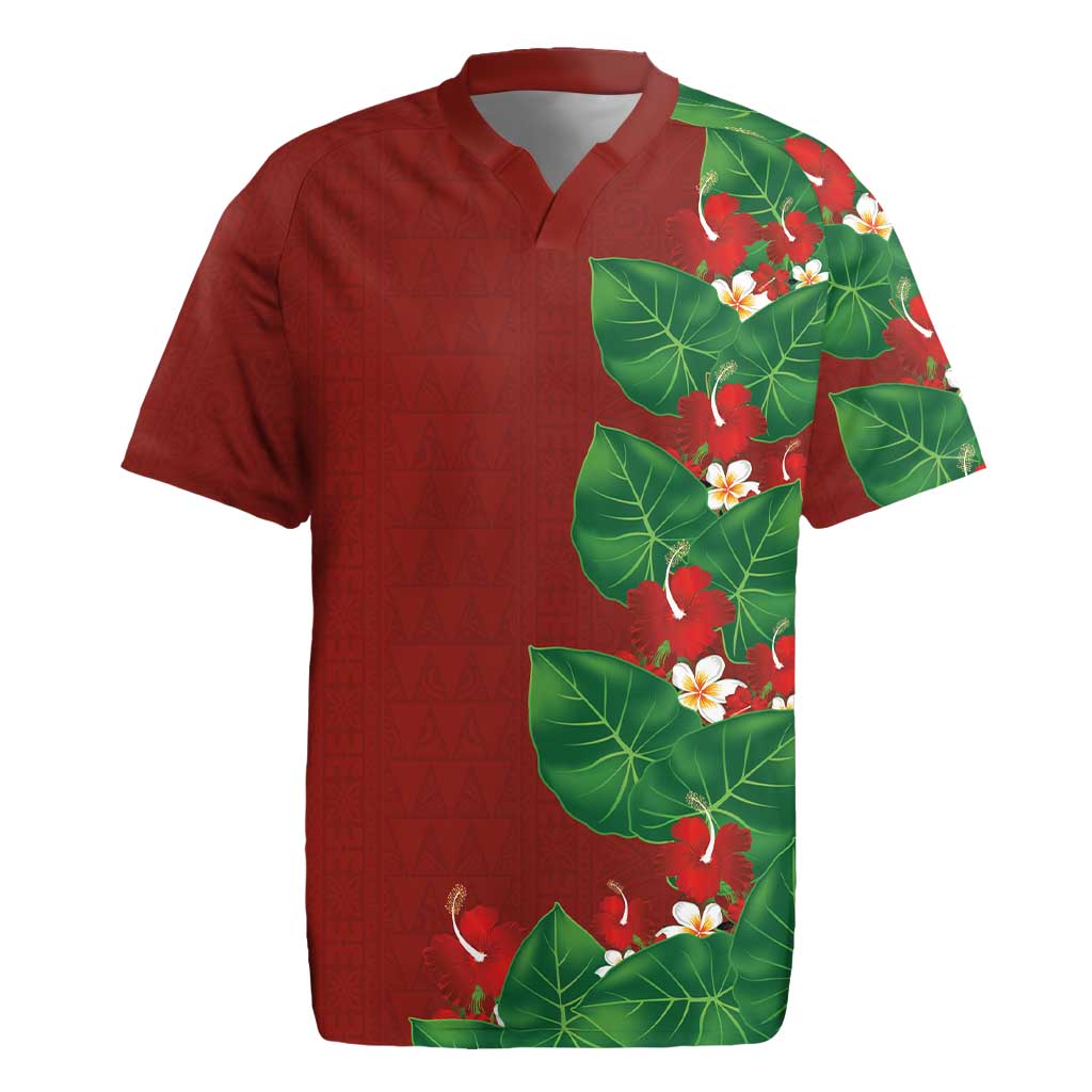 Hawaiian Taro Leaves-Hibiscus and Plumeria Rugby Jersey Polynesian Art-Kakau Tattoo Red LT03 Red - Polynesian Pride