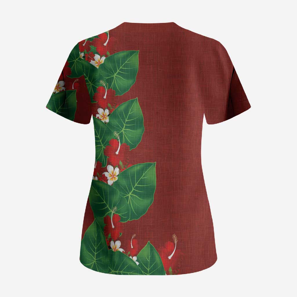 Hawaiian Taro Leaves-Hibiscus and Plumeria Scrub Top Polynesian Art-Kakau Tattoo Red