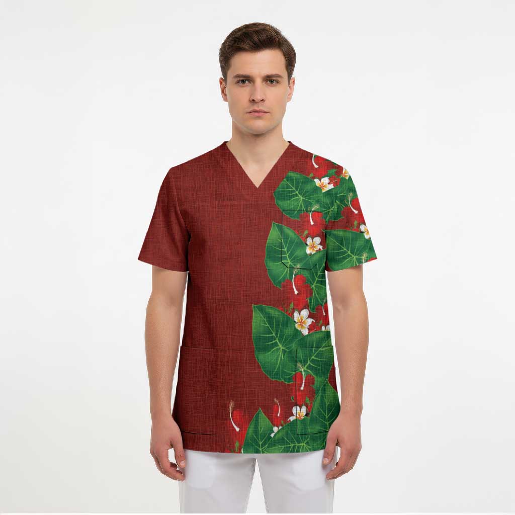 Hawaiian Taro Leaves-Hibiscus and Plumeria Scrub Top Polynesian Art-Kakau Tattoo Red
