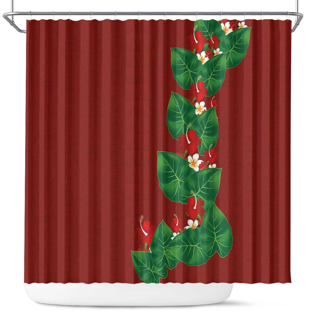 Hawaiian Taro Leaves-Hibiscus and Plumeria Shower Curtain Polynesian Art-Kakau Tattoo Red LT03 Red - Polynesian Pride