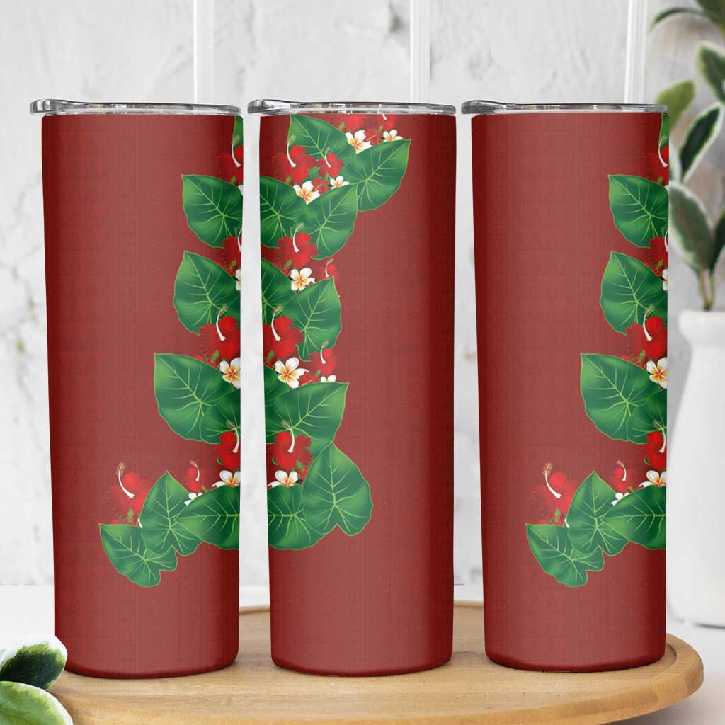 Hawaiian Taro Leaves-Hibiscus and Plumeria Skinny Tumbler Polynesian Art-Kakau Tattoo Red LT03 - Polynesian Pride