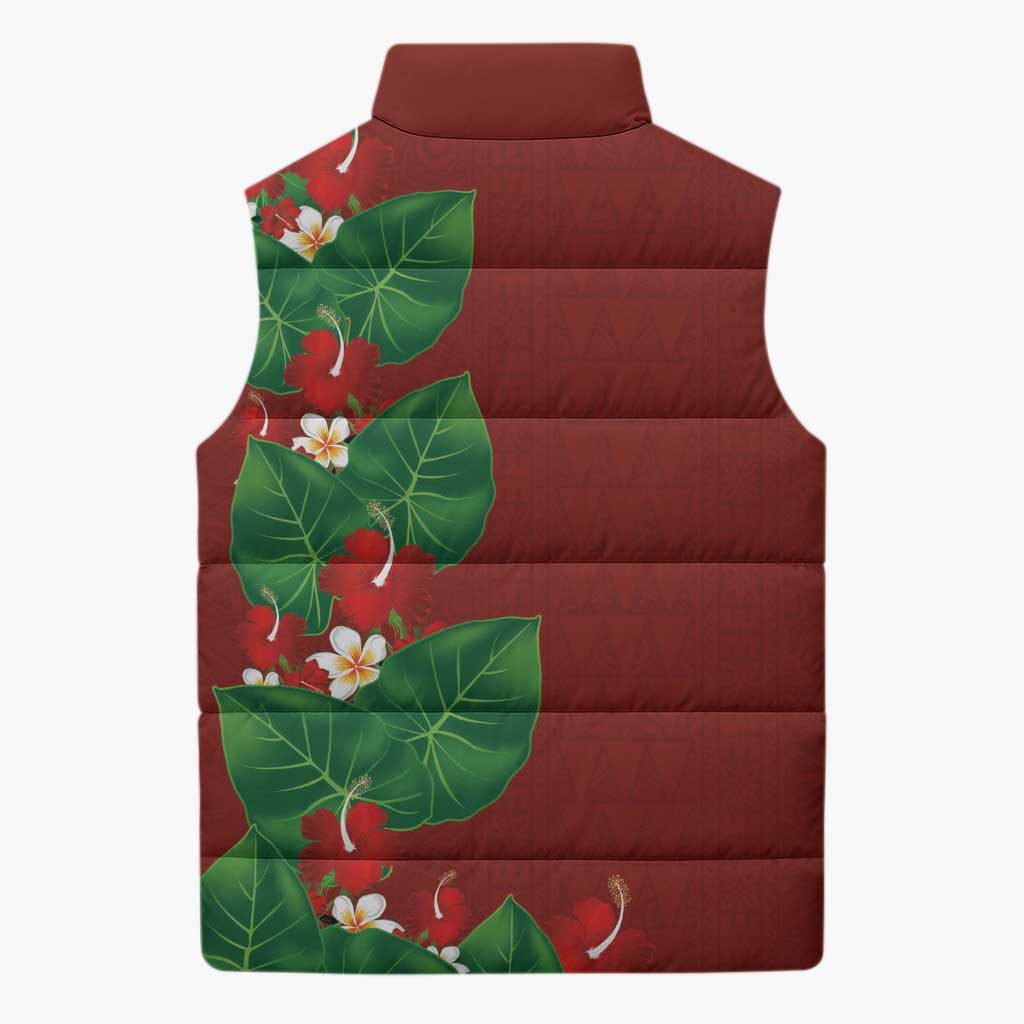 Hawaiian Taro Leaves-Hibiscus and Plumeria Sleeveless Puffer Jacket Polynesian Art-Kakau Tattoo Red LT03 - Polynesian Pride