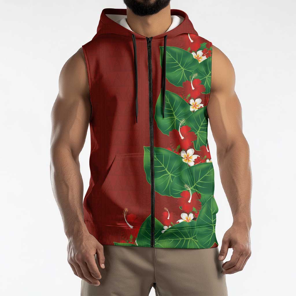 Hawaiian Taro Leaves-Hibiscus and Plumeria Sleeveless Zip Hoodie Polynesian Art-Kakau Tattoo Red