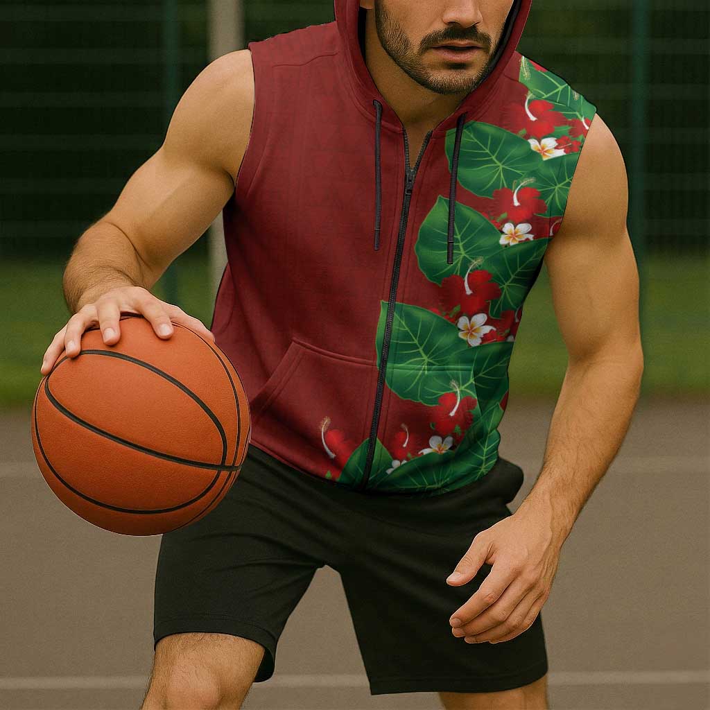 Hawaiian Taro Leaves-Hibiscus and Plumeria Sleeveless Zip Hoodie Polynesian Art-Kakau Tattoo Red