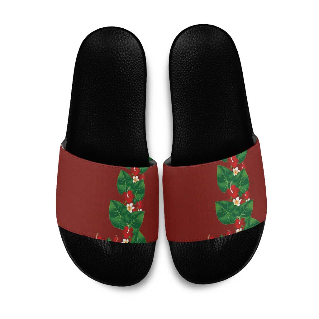 Hawaiian Taro Leaves-Hibiscus and Plumeria Slide Sandals Polynesian Art-Kakau Tattoo Red LT03 Red - Polynesian Pride