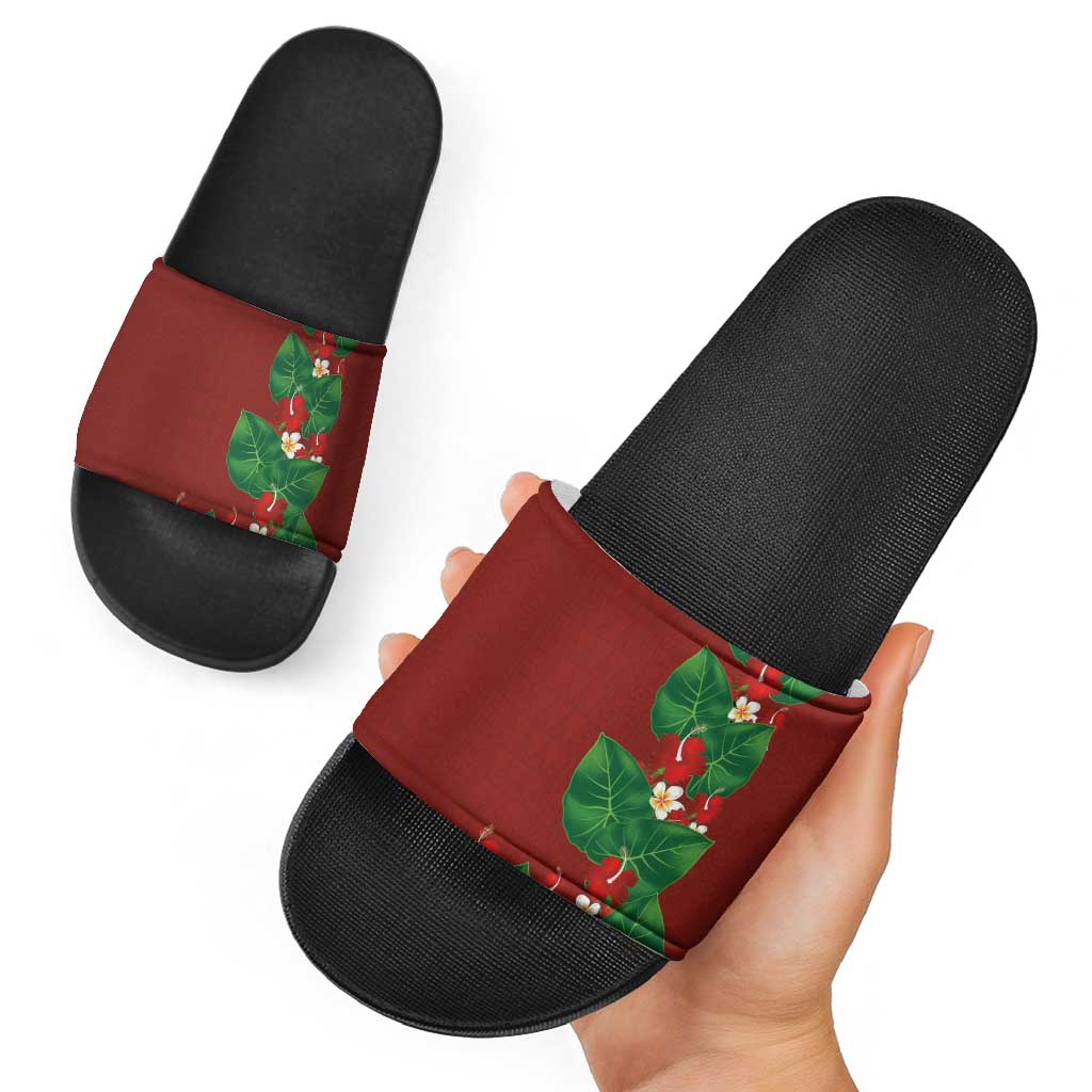Hawaiian Taro Leaves-Hibiscus and Plumeria Slide Sandals Polynesian Art-Kakau Tattoo Red LT03 - Polynesian Pride