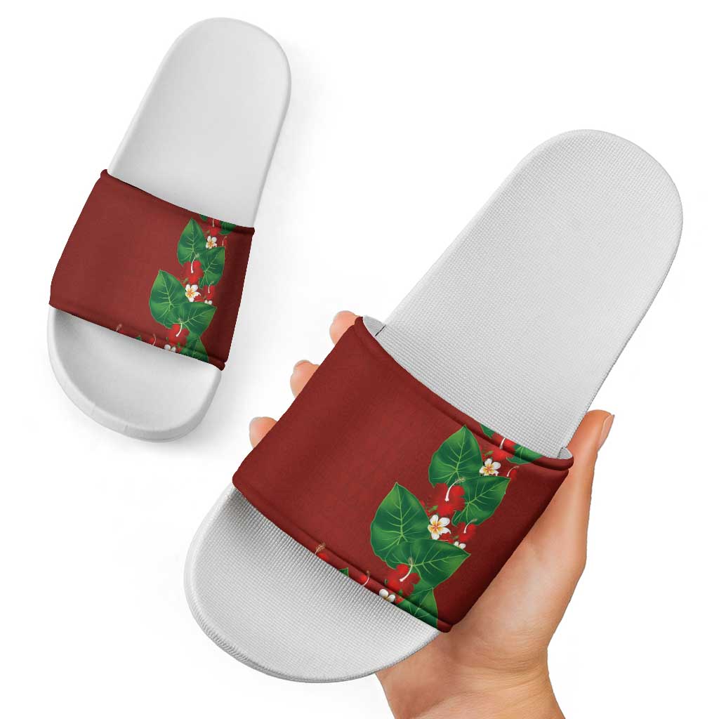 Hawaiian Taro Leaves-Hibiscus and Plumeria Slide Sandals Polynesian Art-Kakau Tattoo Red LT03 - Polynesian Pride
