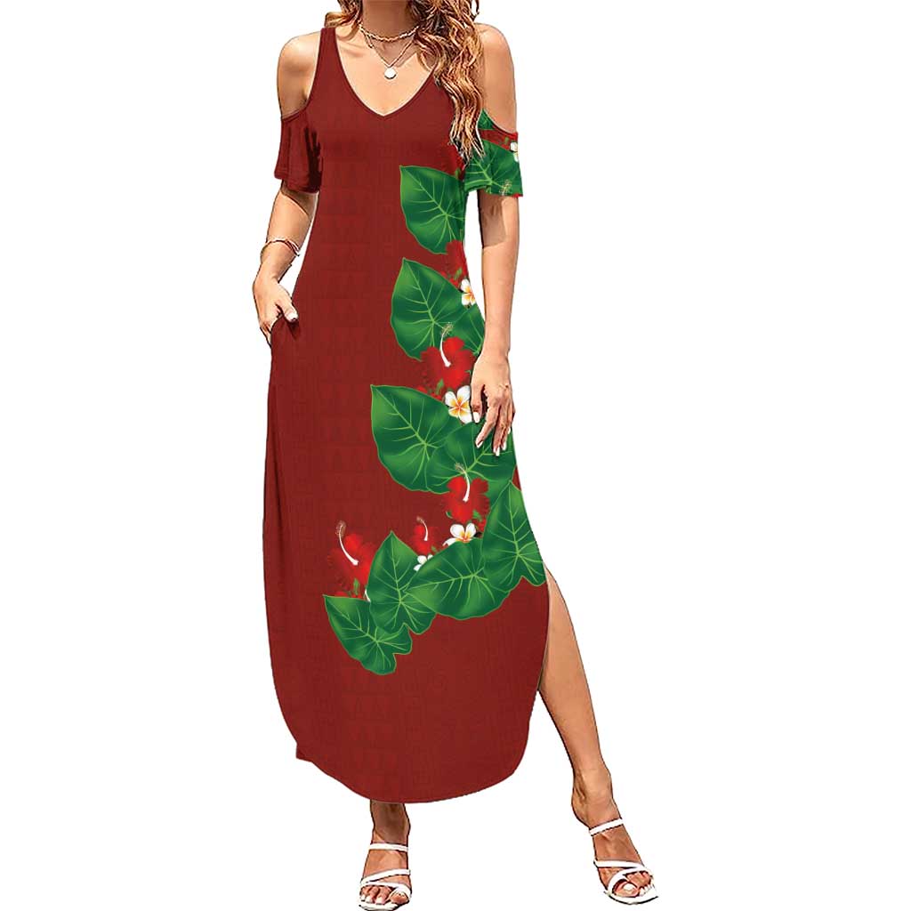 Hawaiian Taro Leaves-Hibiscus and Plumeria Summer Maxi Dress Polynesian Art-Kakau Tattoo Red