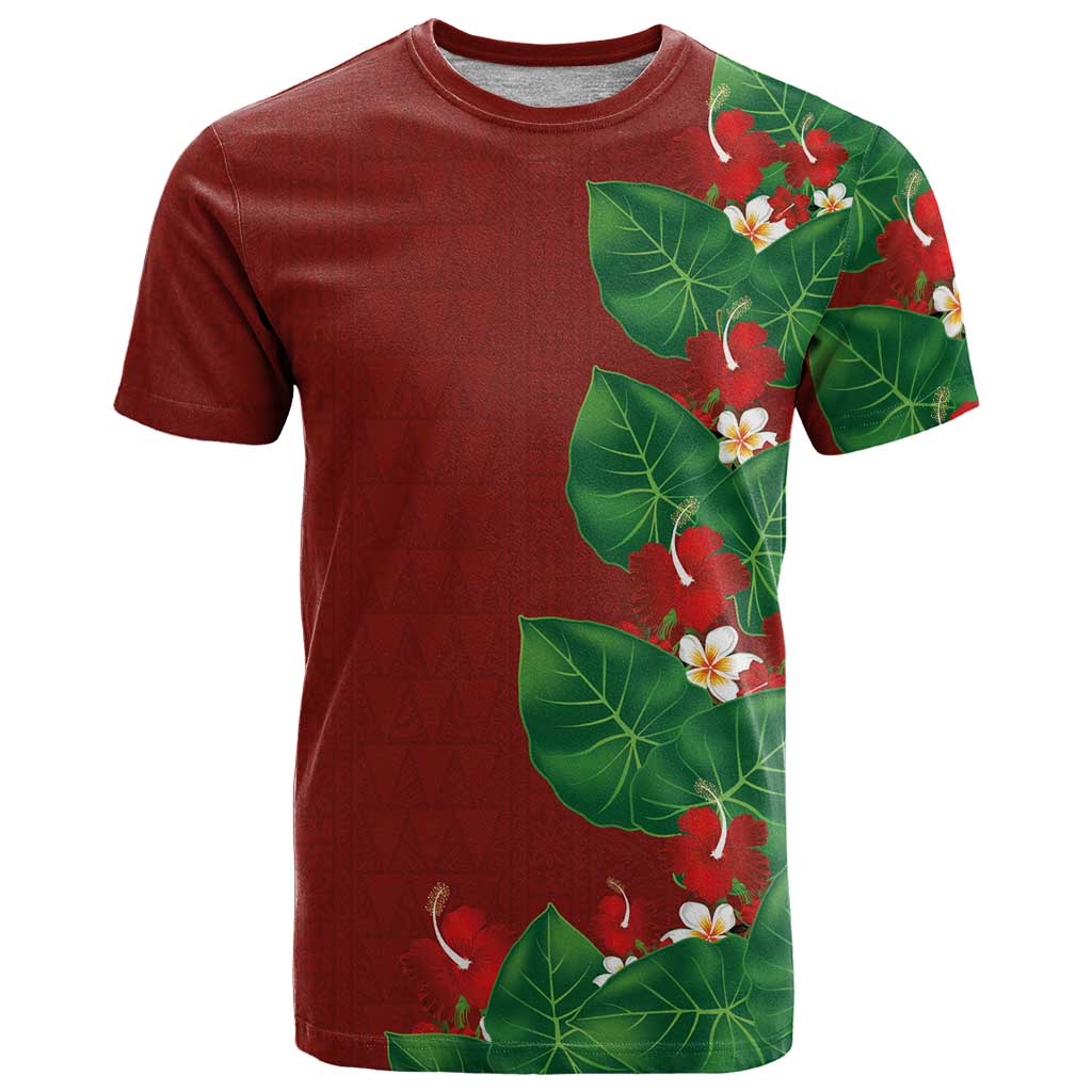 Hawaiian Taro Leaves-Hibiscus and Plumeria T Shirt Polynesian Art-Kakau Tattoo Red