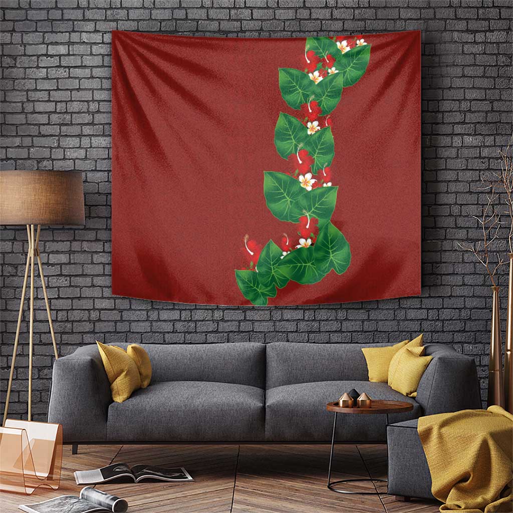 Hawaiian Taro Leaves-Hibiscus and Plumeria Tapestry Polynesian Art-Kakau Tattoo Red LT03 Red - Polynesian Pride
