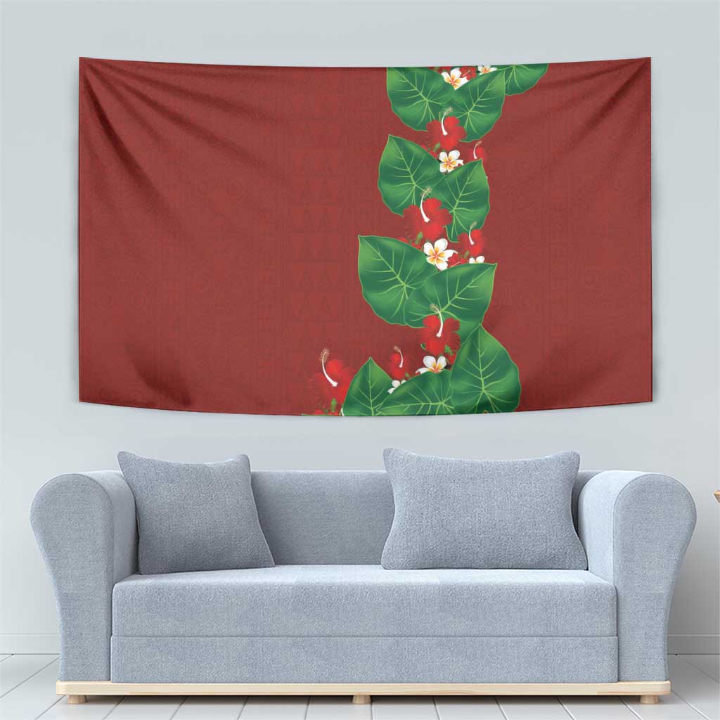Hawaiian Taro Leaves-Hibiscus and Plumeria Tapestry Polynesian Art-Kakau Tattoo Red LT03 - Polynesian Pride