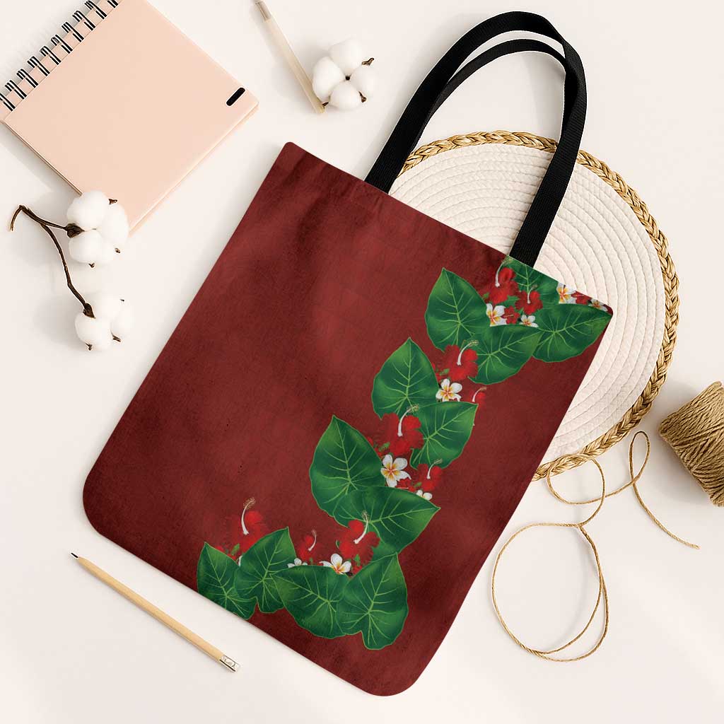 Hawaiian Taro Leaves-Hibiscus and Plumeria Tote Bag Polynesian Art-Kakau Tattoo Red LT03 Black Strap One Size Red - Polynesian Pride