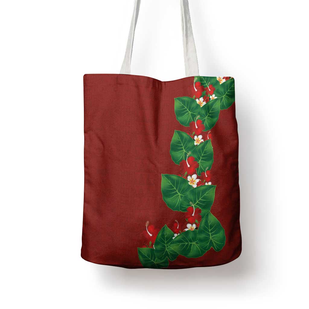 Hawaiian Taro Leaves-Hibiscus and Plumeria Tote Bag Polynesian Art-Kakau Tattoo Red LT03 - Polynesian Pride