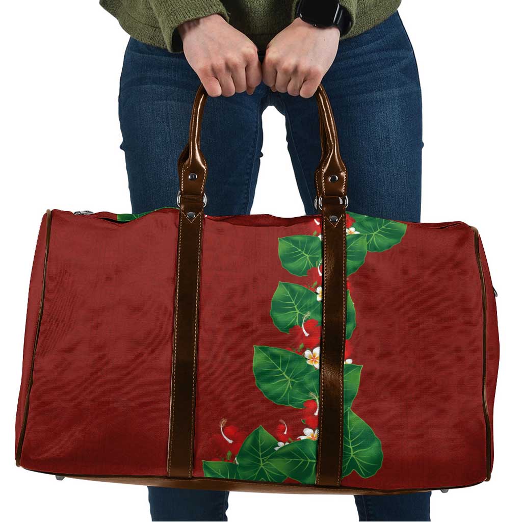 Hawaiian Taro Leaves-Hibiscus and Plumeria Travel Bag Polynesian Art-Kakau Tattoo Red