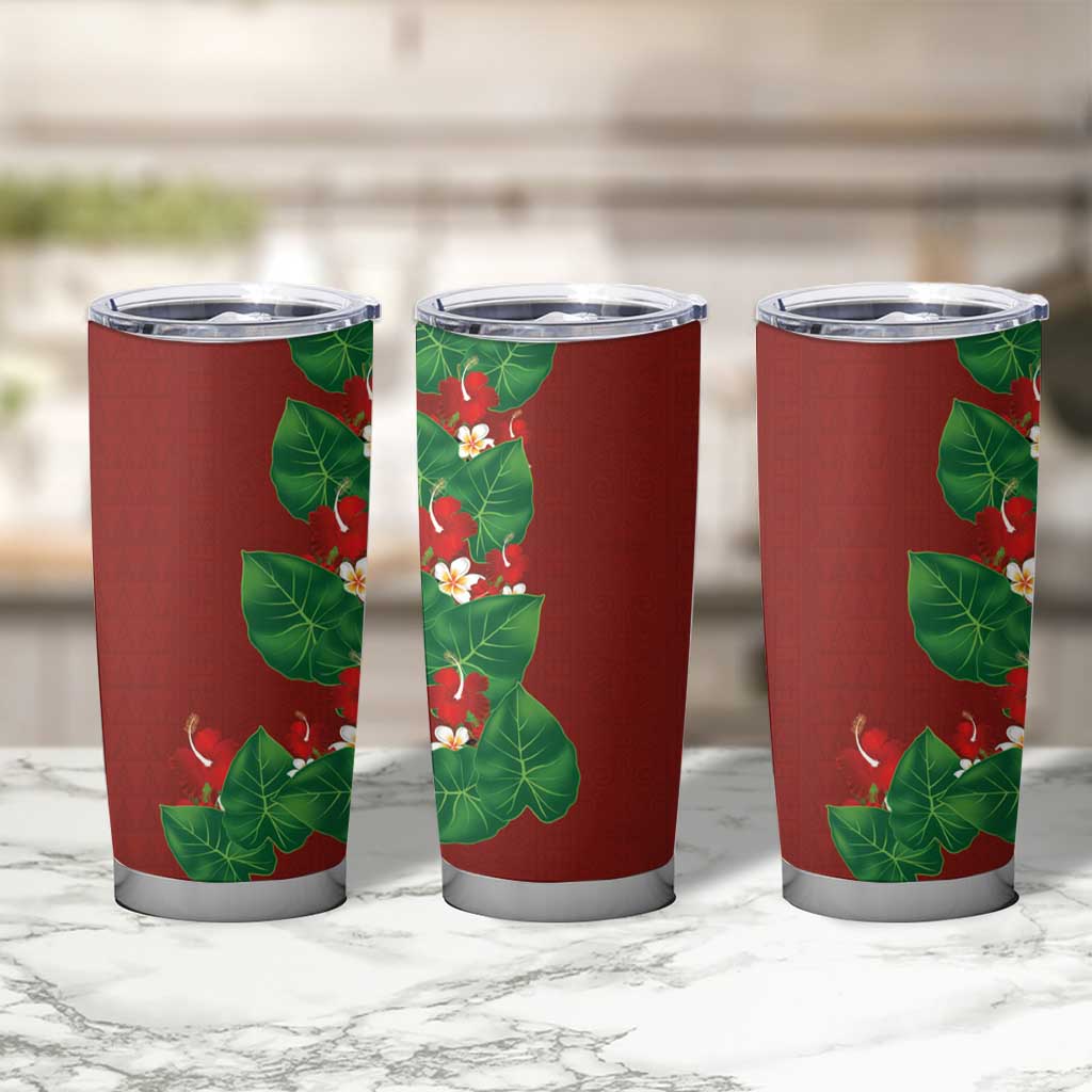 Hawaiian Taro Leaves-Hibiscus and Plumeria Tumbler Cup Polynesian Art-Kakau Tattoo Red
