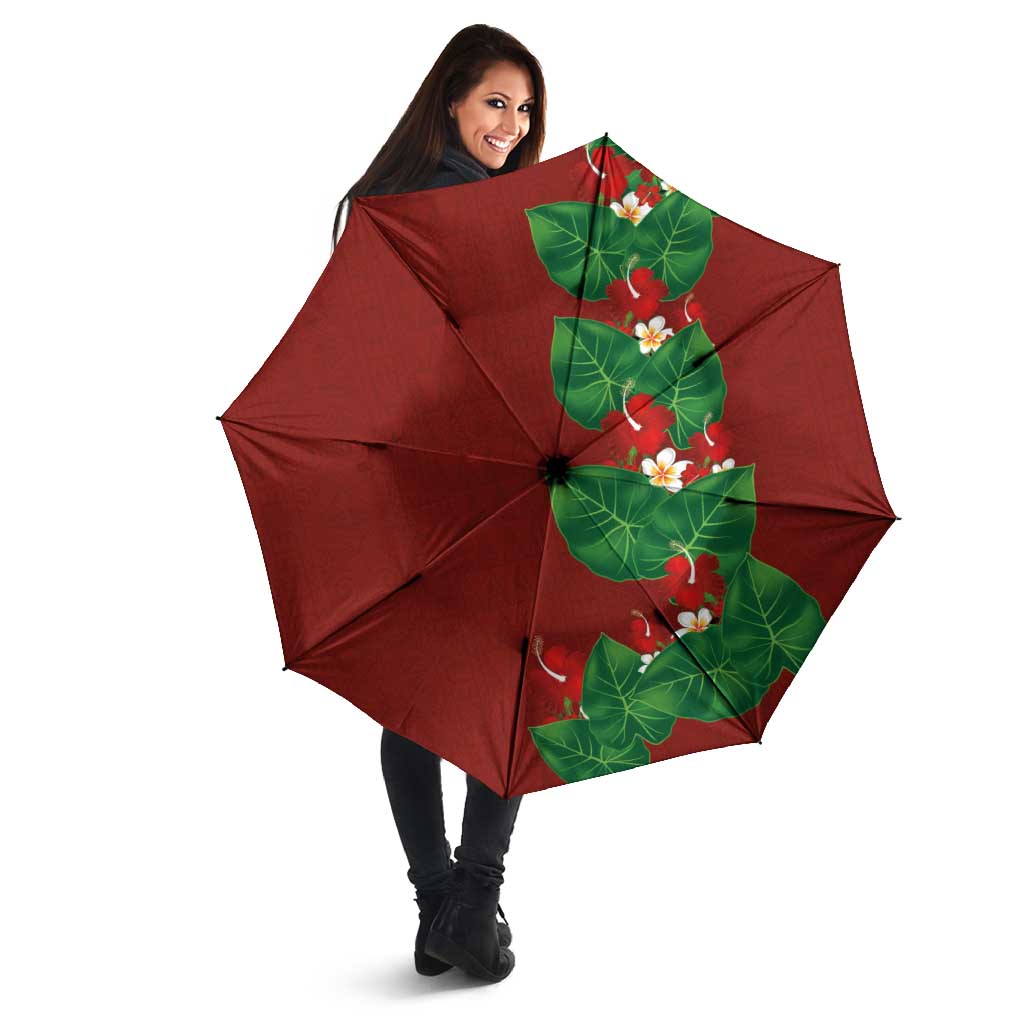 Hawaiian Taro Leaves-Hibiscus and Plumeria Umbrella Polynesian Art-Kakau Tattoo Red LT03 - Polynesian Pride