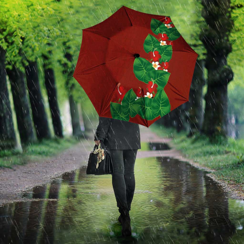 Hawaiian Taro Leaves-Hibiscus and Plumeria Umbrella Polynesian Art-Kakau Tattoo Red LT03 - Polynesian Pride