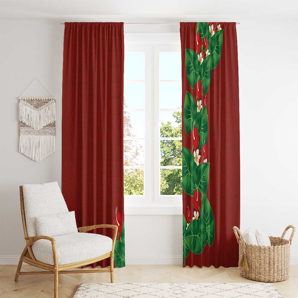 Hawaiian Taro Leaves-Hibiscus and Plumeria Window Curtain Polynesian Art-Kakau Tattoo Red LT03 - Polynesian Pride