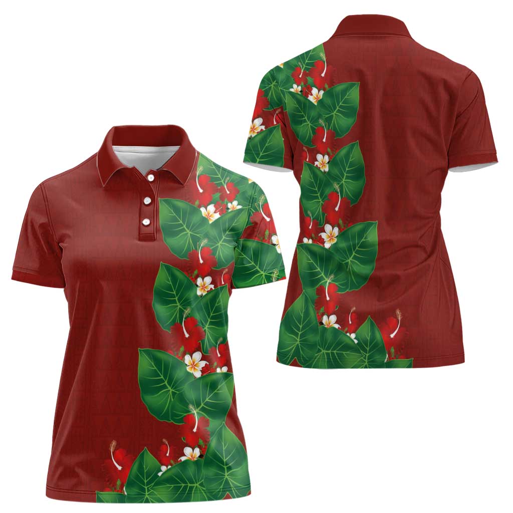 Hawaiian Taro Leaves-Hibiscus and Plumeria Women Polo Shirt Polynesian Art-Kakau Tattoo Red LT03 - Polynesian Pride