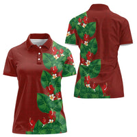 Hawaiian Taro Leaves-Hibiscus and Plumeria Women Polo Shirt Polynesian Art-Kakau Tattoo Red LT03 - Polynesian Pride