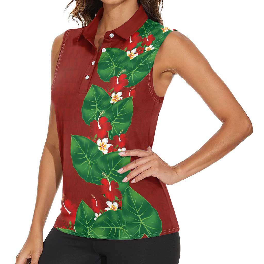 Hawaiian Taro Leaves-Hibiscus and Plumeria Women Sleeveless Polo Shirt Polynesian Art-Kakau Tattoo Red LT03 - Polynesian Pride