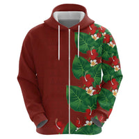 Hawaiian Taro Leaves-Hibiscus and Plumeria Zip Hoodie Polynesian Art-Kakau Tattoo Red