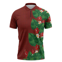 Hawaiian Taro Leaves-Hibiscus and Plumeria Zipper Polo Shirt Polynesian Art-Kakau Tattoo Red