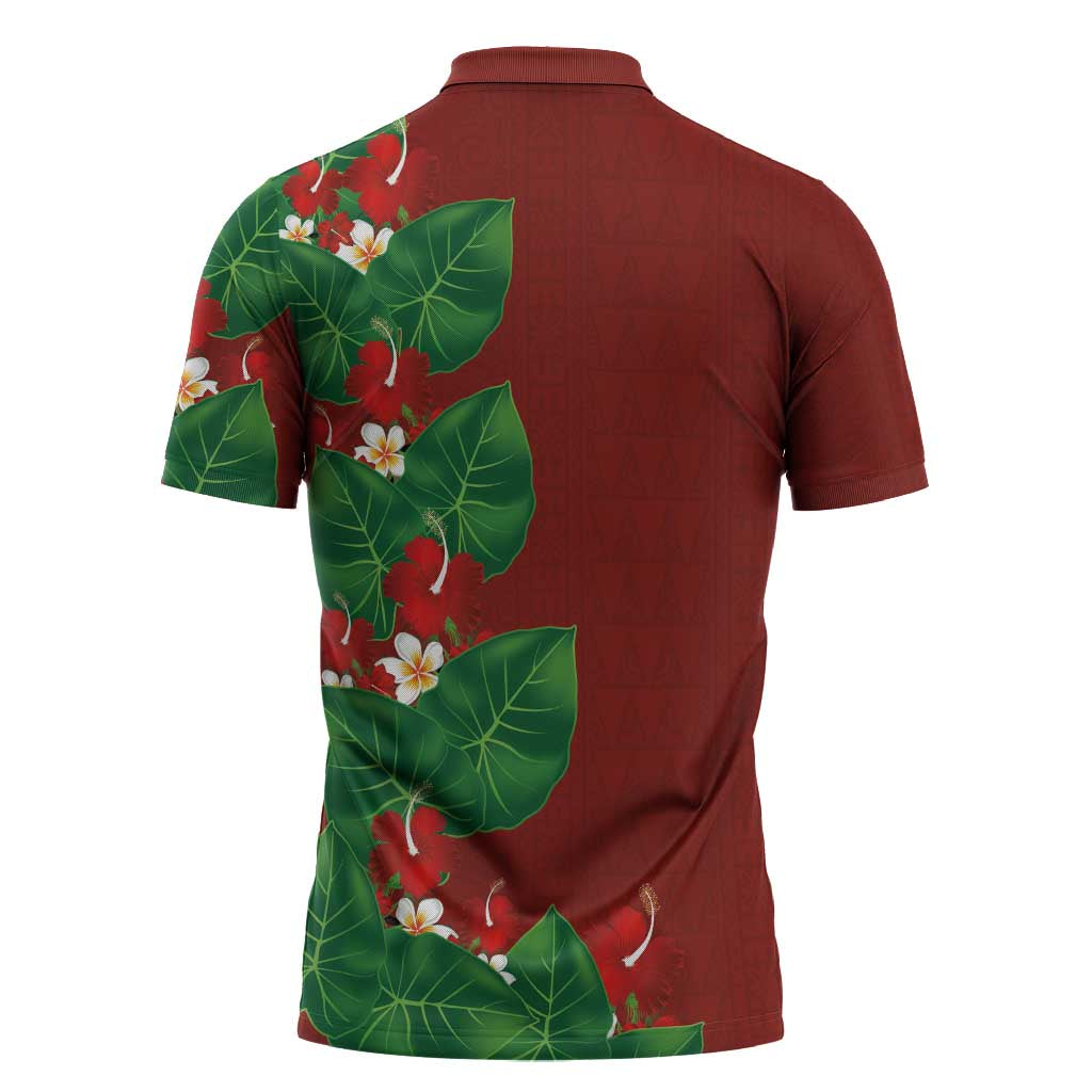Hawaiian Taro Leaves-Hibiscus and Plumeria Zipper Polo Shirt Polynesian Art-Kakau Tattoo Red