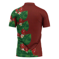 Hawaiian Taro Leaves-Hibiscus and Plumeria Zipper Polo Shirt Polynesian Art-Kakau Tattoo Red