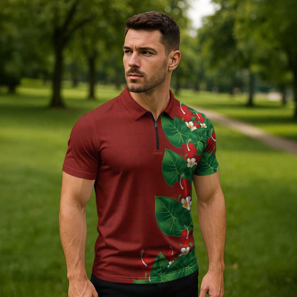 Hawaiian Taro Leaves-Hibiscus and Plumeria Zipper Polo Shirt Polynesian Art-Kakau Tattoo Red