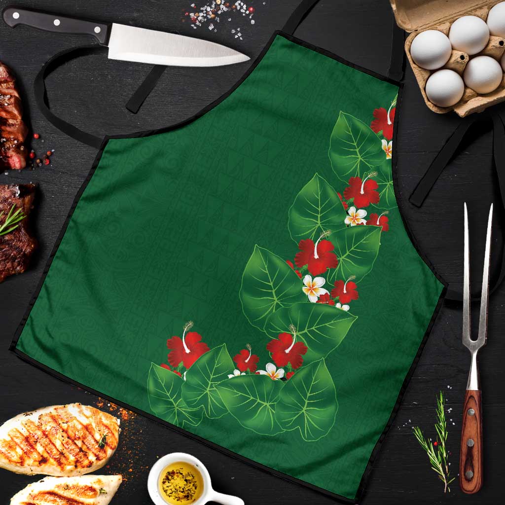 Hawaiian Taro Leaves-Hibiscus and Plumeria Apron Polynesian Art-Kakau Tattoo Green LT03 Green - Polynesian Pride