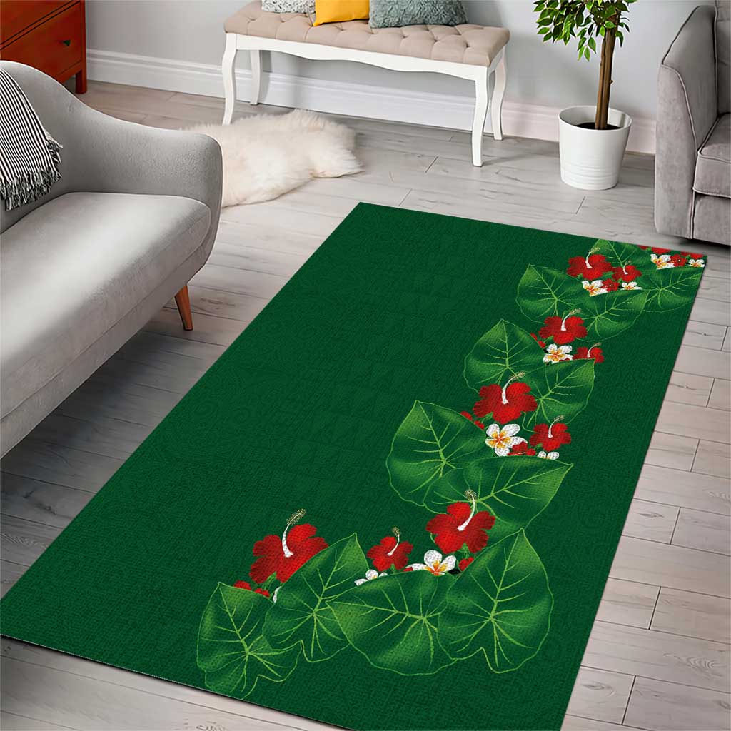 Hawaiian Taro Leaves-Hibiscus and Plumeria Area Rug Polynesian Art-Kakau Tattoo Green LT03 - Polynesian Pride