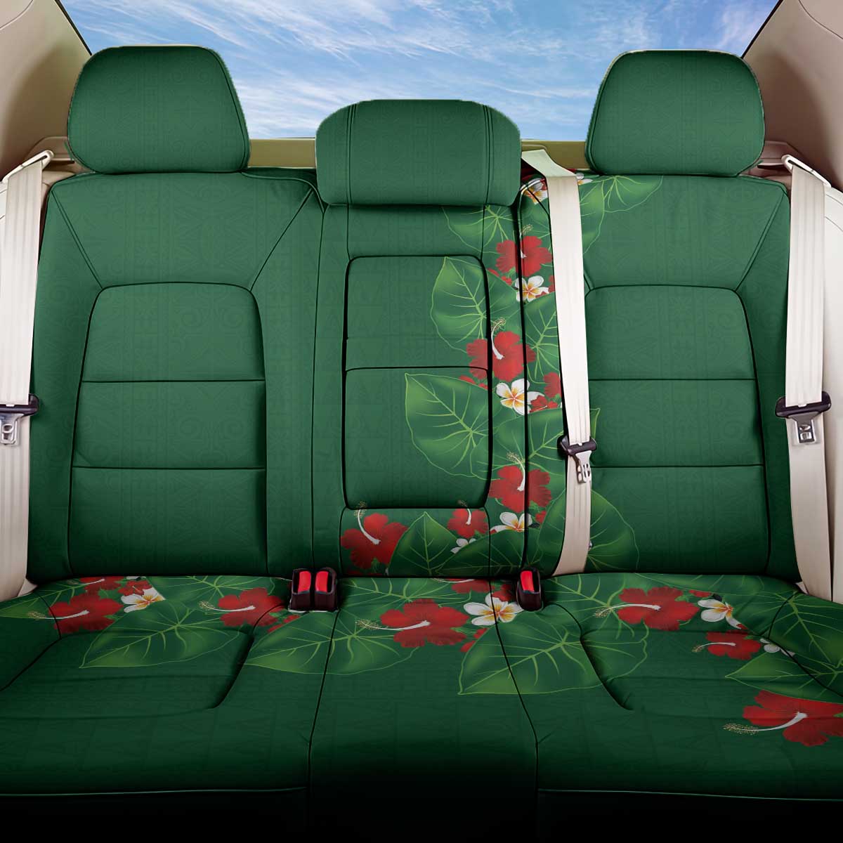 Hawaiian Taro Leaves-Hibiscus and Plumeria Back Car Seat Cover Polynesian Art-Kakau Tattoo Green
