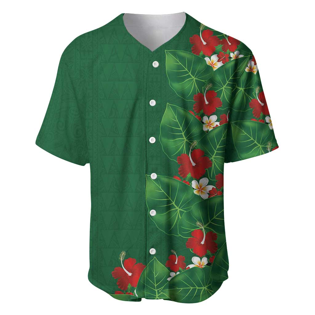 Hawaiian Taro Leaves-Hibiscus and Plumeria Baseball Jersey Polynesian Art-Kakau Tattoo Green LT03 Green - Polynesian Pride