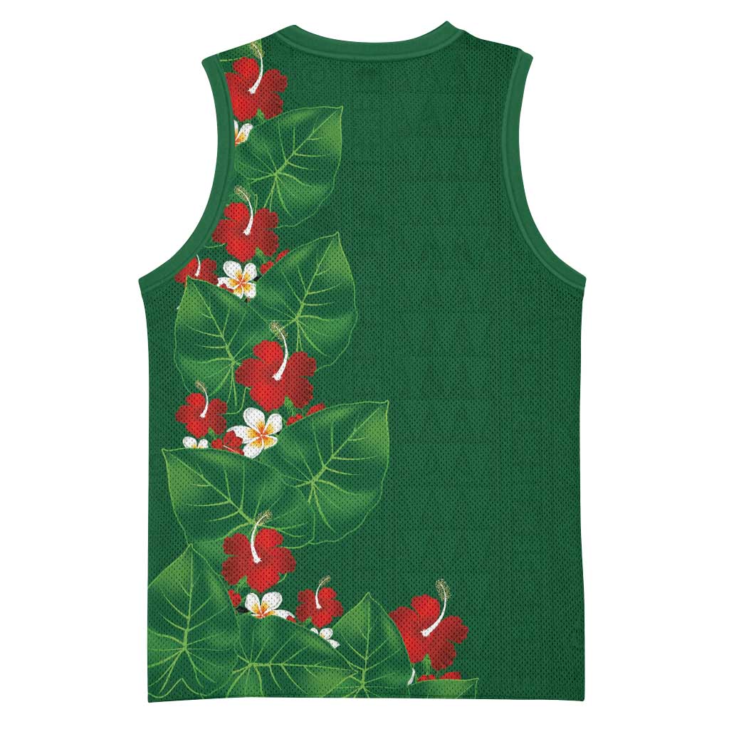 Hawaiian Taro Leaves-Hibiscus and Plumeria Basketball Jersey Polynesian Art-Kakau Tattoo Green